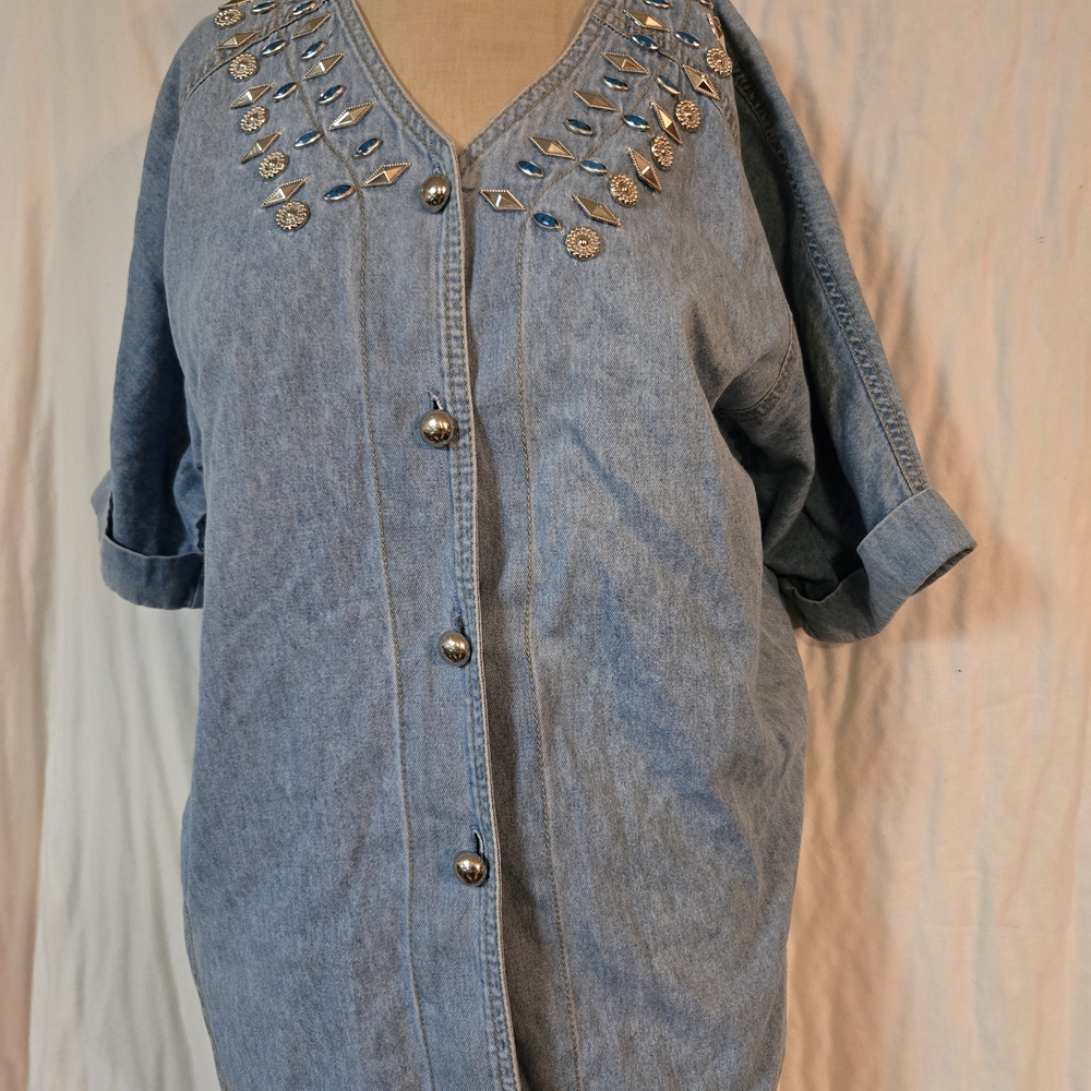 Vintage Blue Button Down Shirt with Silver Accents